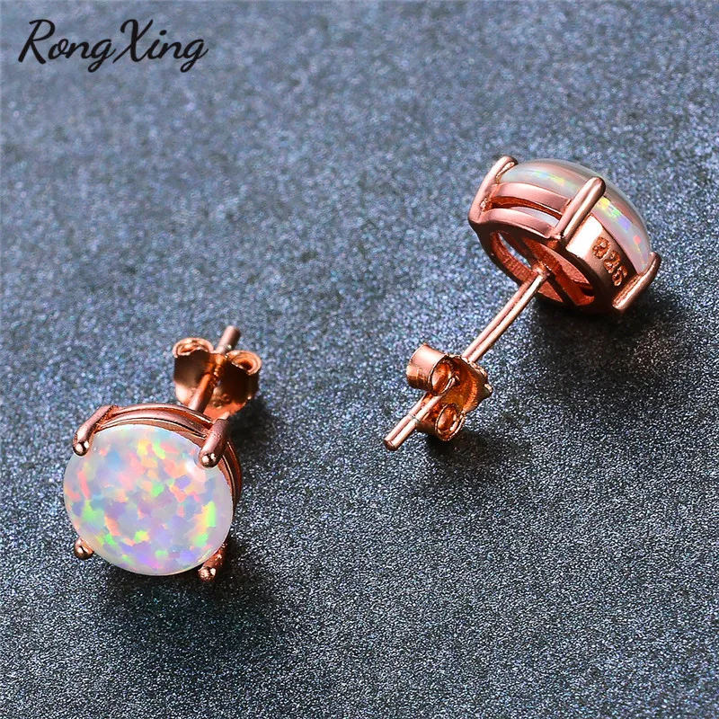 Круглые серьги гвоздики RongXing из розового золота с белым огненным опалом 6/8 мм для