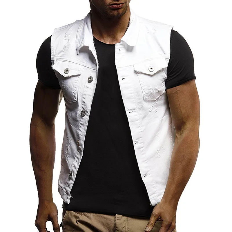 white SHUJIN Для мужчин Slim Fit без рукавов Джинсовая куртка Летняя мода классический джинсовый жилет черный отложной воротник, джинсовый жилет - Цвет: white