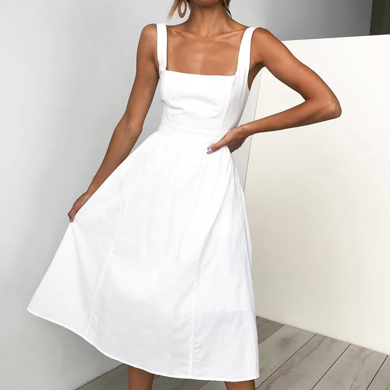 MOSHENGQI Solid Fit And Flare Dress Elegant Straps Sleeveless Plain A Line Dresses Women Pocket Summer | Женская одежда