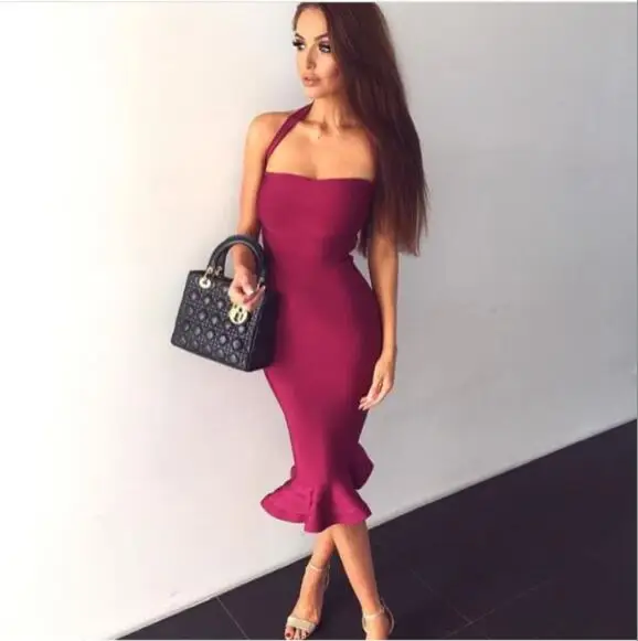 Высокое качество женское летнее сексуальное платье с лямкой на шее Русалка длина