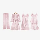 Пижамный комплект женский из 5 предметов, атласная шелковая полосатая пижама из искусственного шелка, пикантный кружевной халат, пижамный комплект, ночная рубашка без рукавов