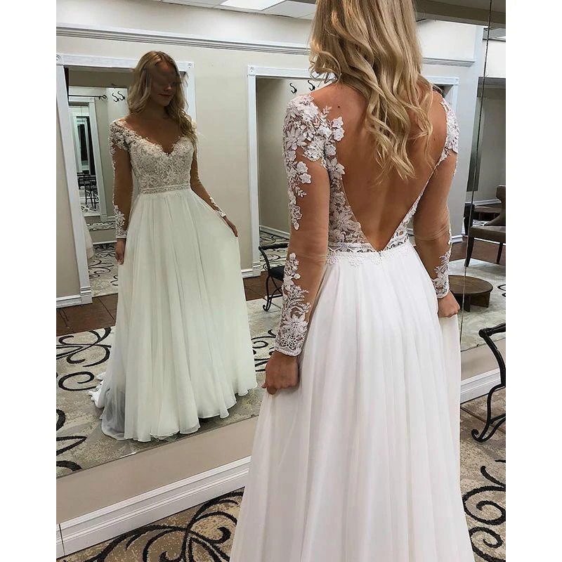 

Long Sleeves Backless Beach Wedding Dresses Boho Wedding Dress V Neck Floor Length Chiffon Bridal Gowns 2019 Lace vestido noiva