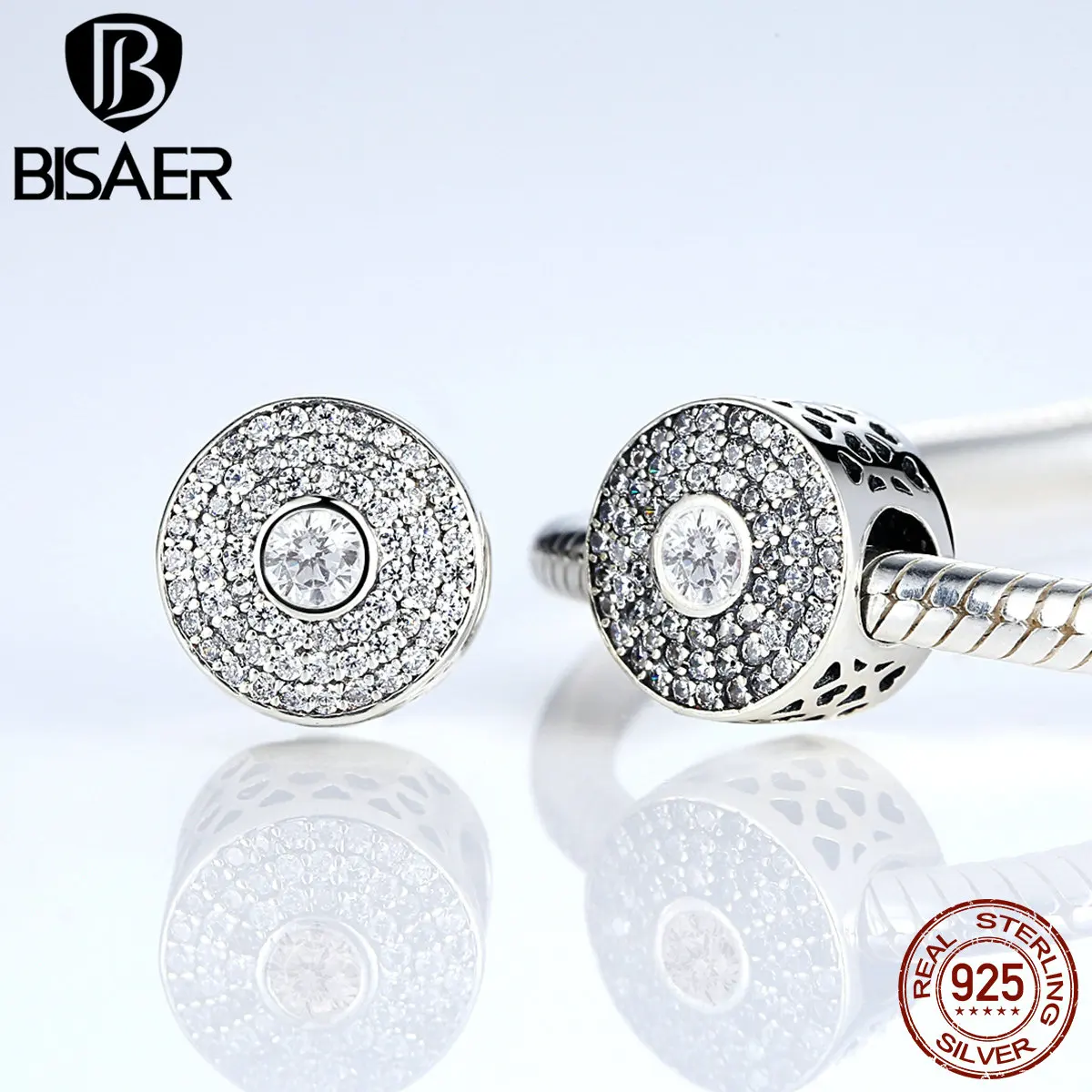 BISAER 2 Цвет 925 пробы серебро белого и синего цветов, кристаллы Круглые бусинки Подвески fit Браслет VRC Для женщин Модные украшения HTC028