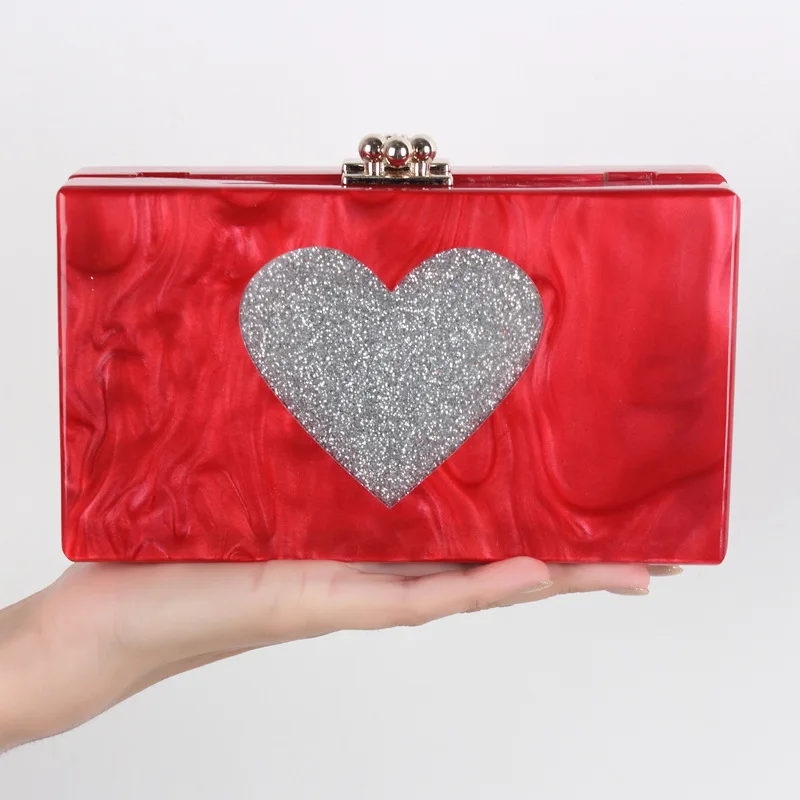 

New Brand Fashion Heart Pattern Clutches Bag Good Quality Acrylic Evening Bags Women Wedding Shoulder Bag Ladies Party Purse