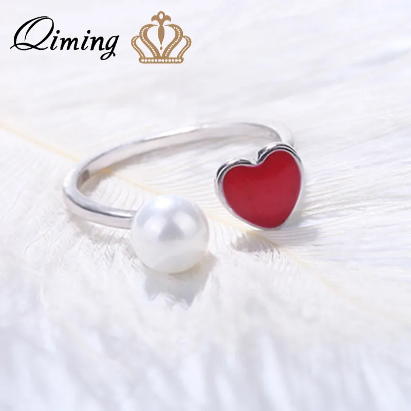 Женские кольца QIMING с красным любовным сердцем подвеска жемчугом модное