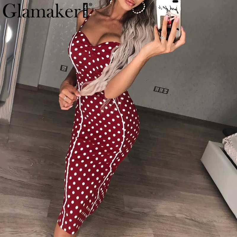 Glamaker, сексуальное облегающее платье миди в горошек, женское платье без рукавов на бретелях, летнее женское элегантное праздничное платье, вечерние платья, Клубное платье