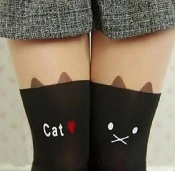 W024 CAT CUHAKCI, весенне-летние колготки, новинка, черные колготки с принтом, Эйфелева башня, хвост, пэчворк, Тоторо, тату, женские колготки, тонкие колготки - Цвет: W024 CAT