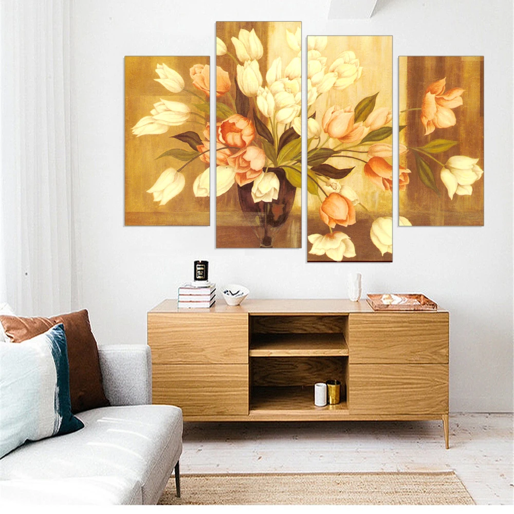 4 шт. холст живопись цветочный принт Куадрос Decoracion Модульная картина для настенные картины для гостиной без рамы