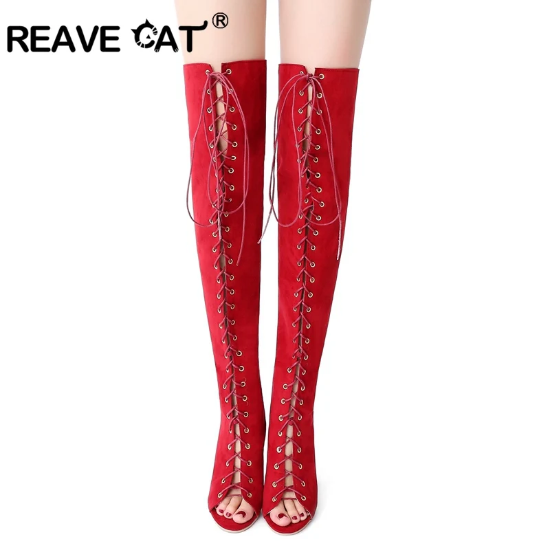 REAVE CAT/Большие размеры 32-43; новые пикантные сандалии-гладиаторы до колена; летние замшевые сапоги на высоком каблуке со шнуровкой; вечерние туфли на тонком каблуке; RL3362