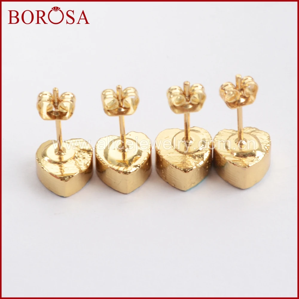 

BOROSA New Fashion Druzy Gold Color Natural Turquoises Heart Stud Earrings for Women, Natural Blue Stone Drusy Earrings G1436
