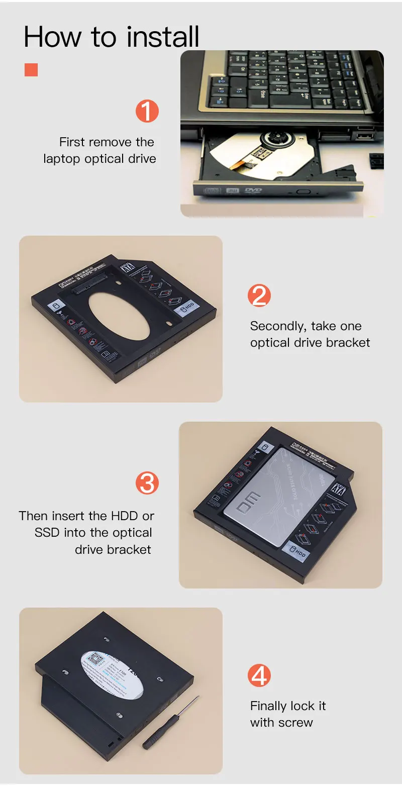 DM SSD адаптеры DW127 12,7 мм Пластик Optibay SATA 3,0 коробка для жесткого диска корпус DVD адаптер 2,5 SSD 2 ТБ для ноутбука CD-ROM