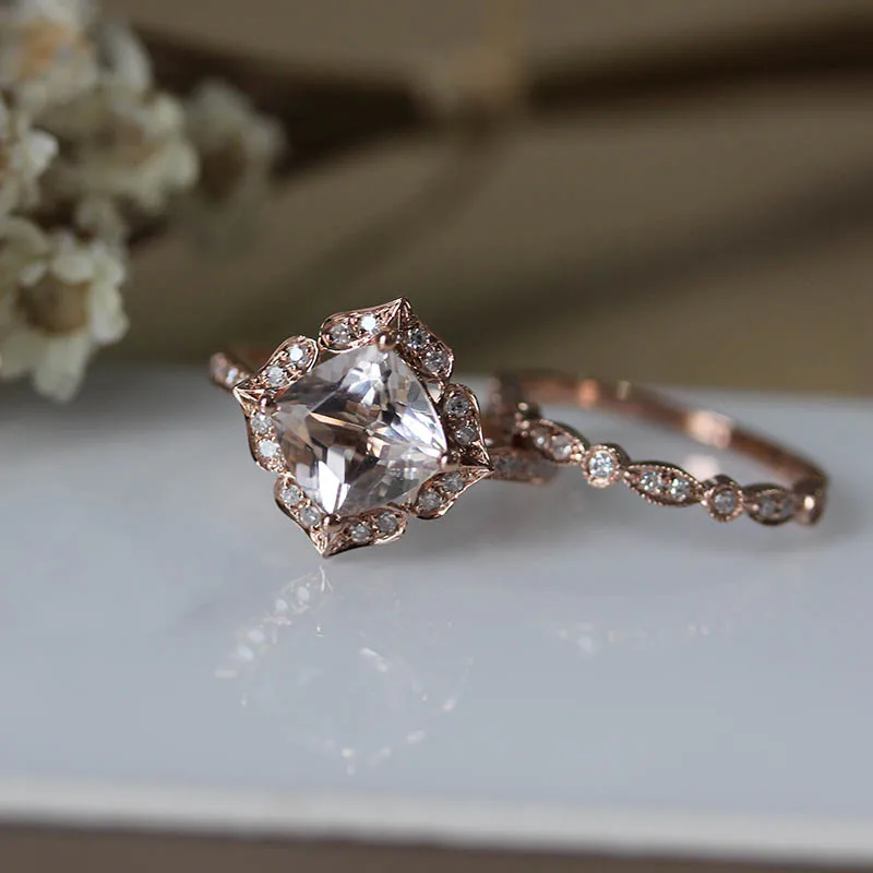 DUPUY 7mm Cushion Cut Classic Engagement Ring Half Eternity Pave Setting Wedding 2PCS 14K Rose Gold Bride Suit D180377 | Украшения и