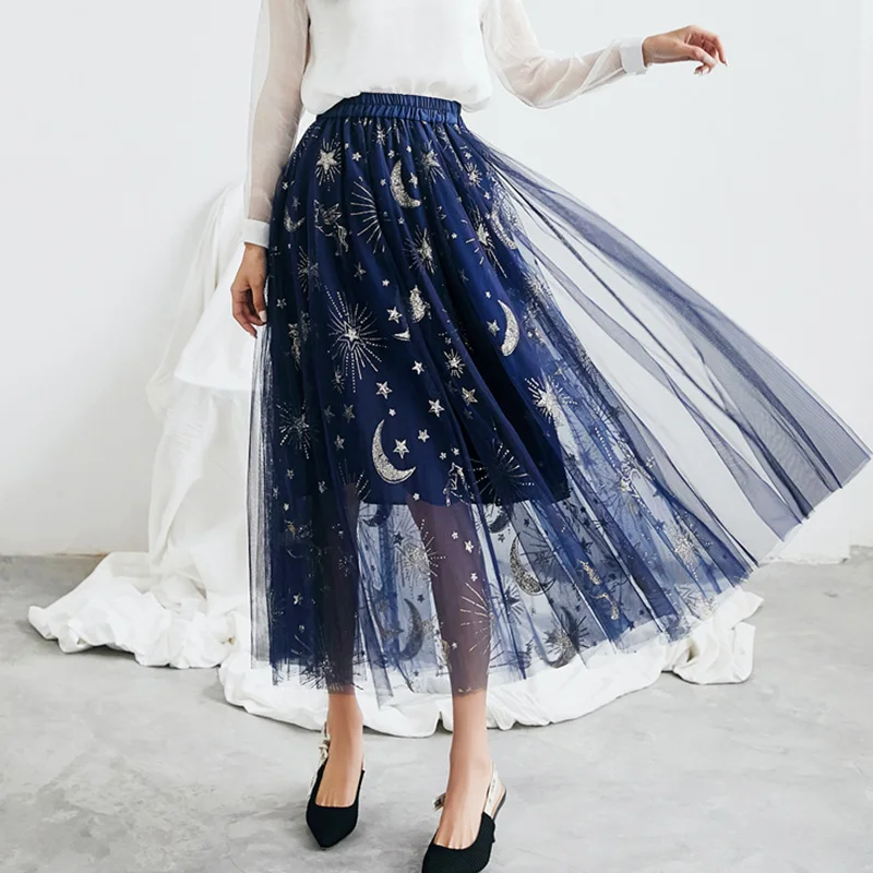 С крупными блестками Новая мода Тюлевая юбка 2018 Звезда Луна вышивка вуаль