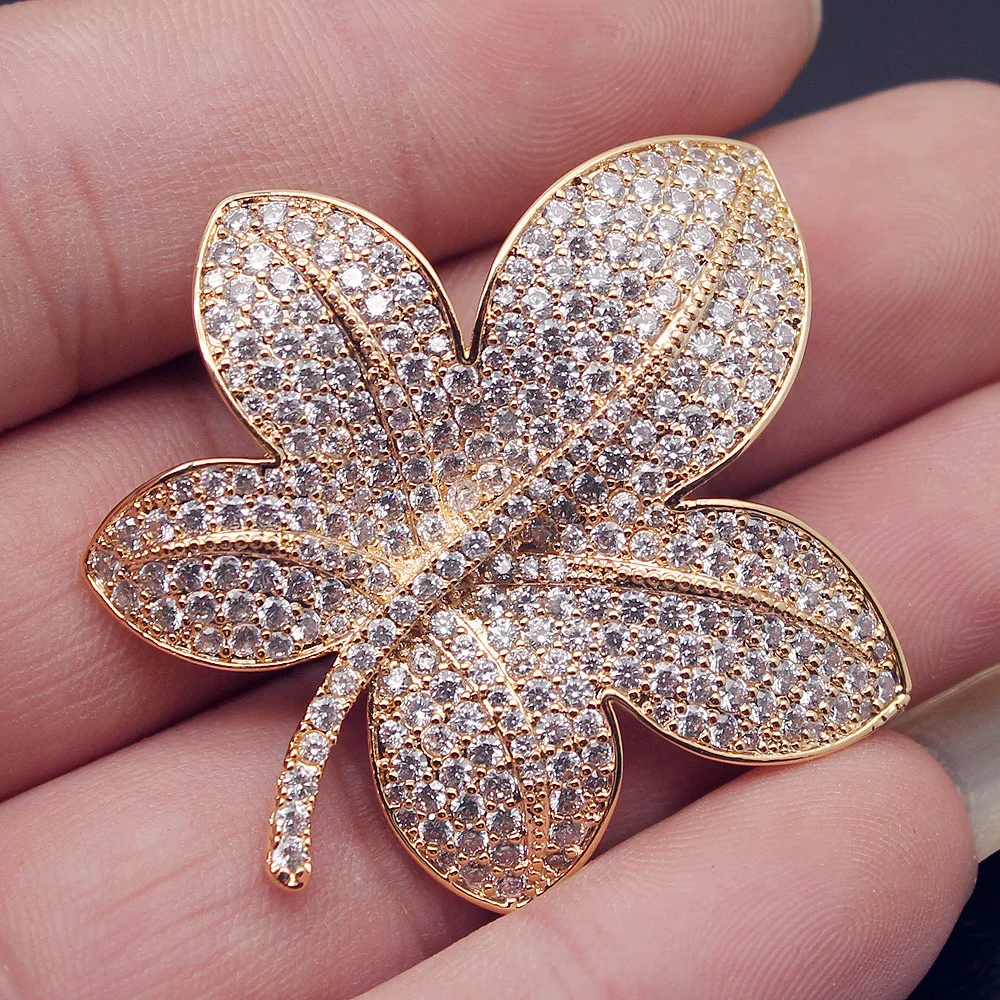 HERMOSA JEWELRY Exquisite Zircon Lucky Leaf Design Brooch For Women Yellow Gold Pins Brooches Shiny Party Gift Wedding Jewellery | Украшения