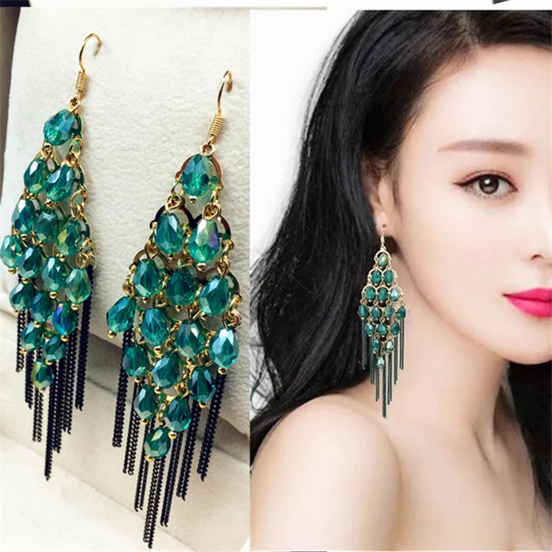 

Bohemian Long Statement Drop Earrings Luxury black crystal Beads Tassel Earrings For Women Bride wedding Party Dangle Earrings