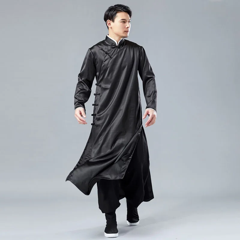 Men China Style Casual Long Sleeve Shirt Robe Male Satin Dress Stage Clothing Chinese Kongfu Costumes | Мужская одежда