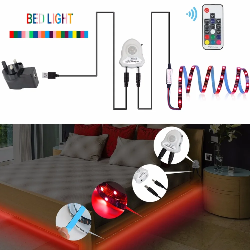 Светодиодный светильник под шкаф 5050 SMD rgb Гибкая светодиодная лента под кровать PIR Активированный датчик движения лампа для шкафа