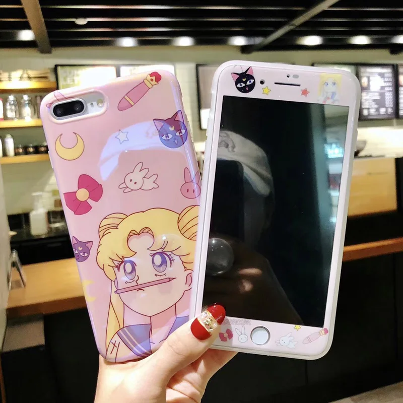 Мягкий чехол Blue ray + стеклянная пленка для iPhone 7 7plus Сейлор Мун Чехлы и закаленное