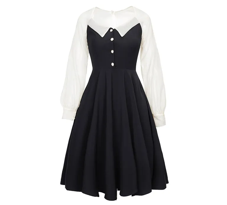 Vestido, весна-осень, женское винтажное платье в стиле Хепберн, элегантное, тонкое, v-образный вырез, длинный рукав, сетка, пэчворк, черное, длина до колена, платье sukienk - Цвет: Черный