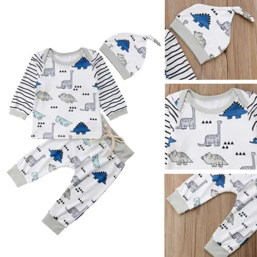 Spring Fall Style Cotton Newborn Clothes Infant Baby Boy Dinosaur Long Sleeve Shirt+Long Pants Hat Children 3Pcs Outfits |