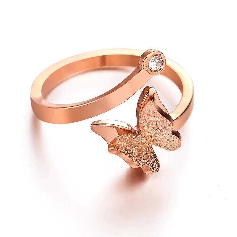 Top Brand Rose Gold Color Frosted Butterfly Ring for Woman Girl Wedding Jewelry Fashion 316L Stainless Steel Never Fade | Украшения и