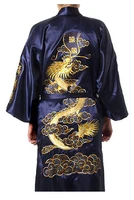 navy blue traditional chinese mens satin silk robe embroidery dragon kimono bath gown nightwear s m l xl xxl xxxl mr024