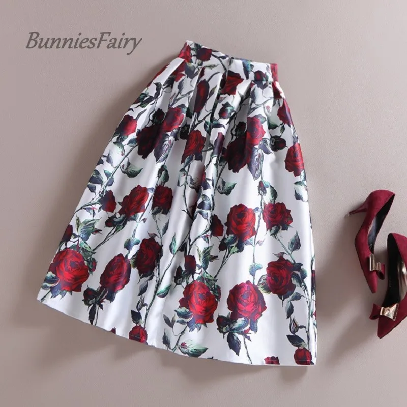 BunniesFairy 50s винтажные Женские Ретро Красные розы букет цветочный принт высокая