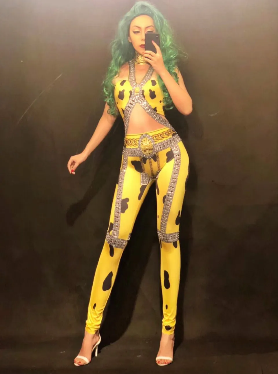 Women Sexy Stage Nightclub Costumes for Singer Yellow 3D Print Sparkly Crystals Dj Gogo Jumpsuit Rhinestone Dress | Тематическая