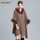 Женское пончо из шерсти высокого качества, Свободный плащ с искусственным кроличьим мехом и капюшоном