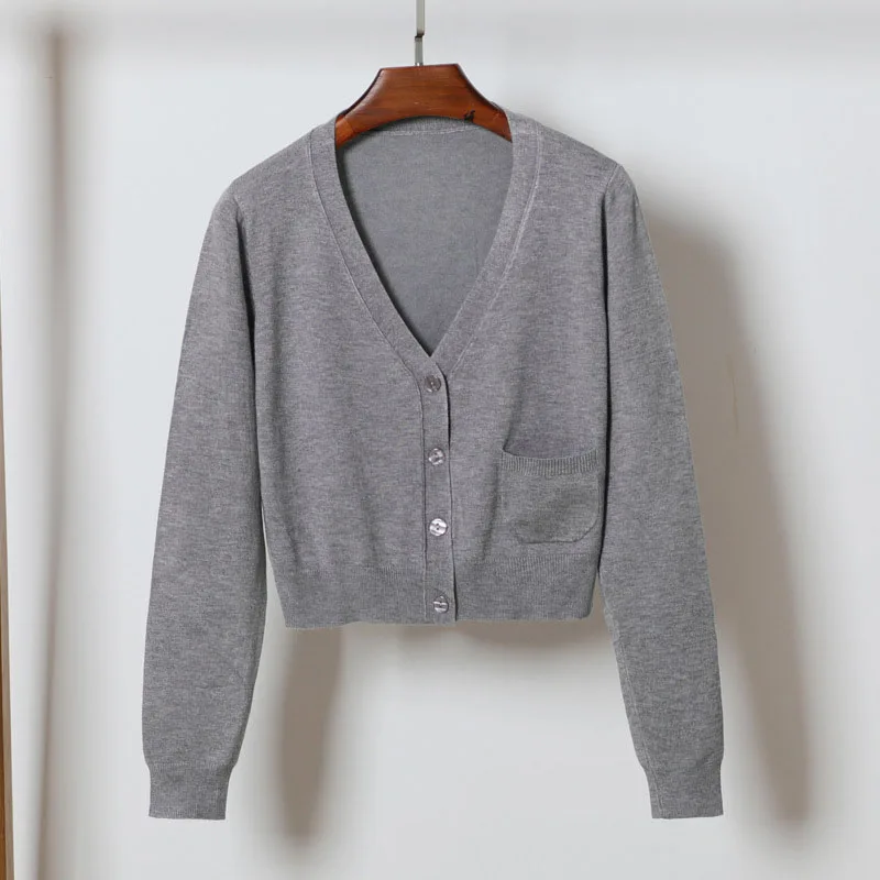 

Crop Cardigan Women Fall 2019 Long Sleeve V Neck Single Breasted Knitted Knitwear With Pocket Short Cardigans Coat