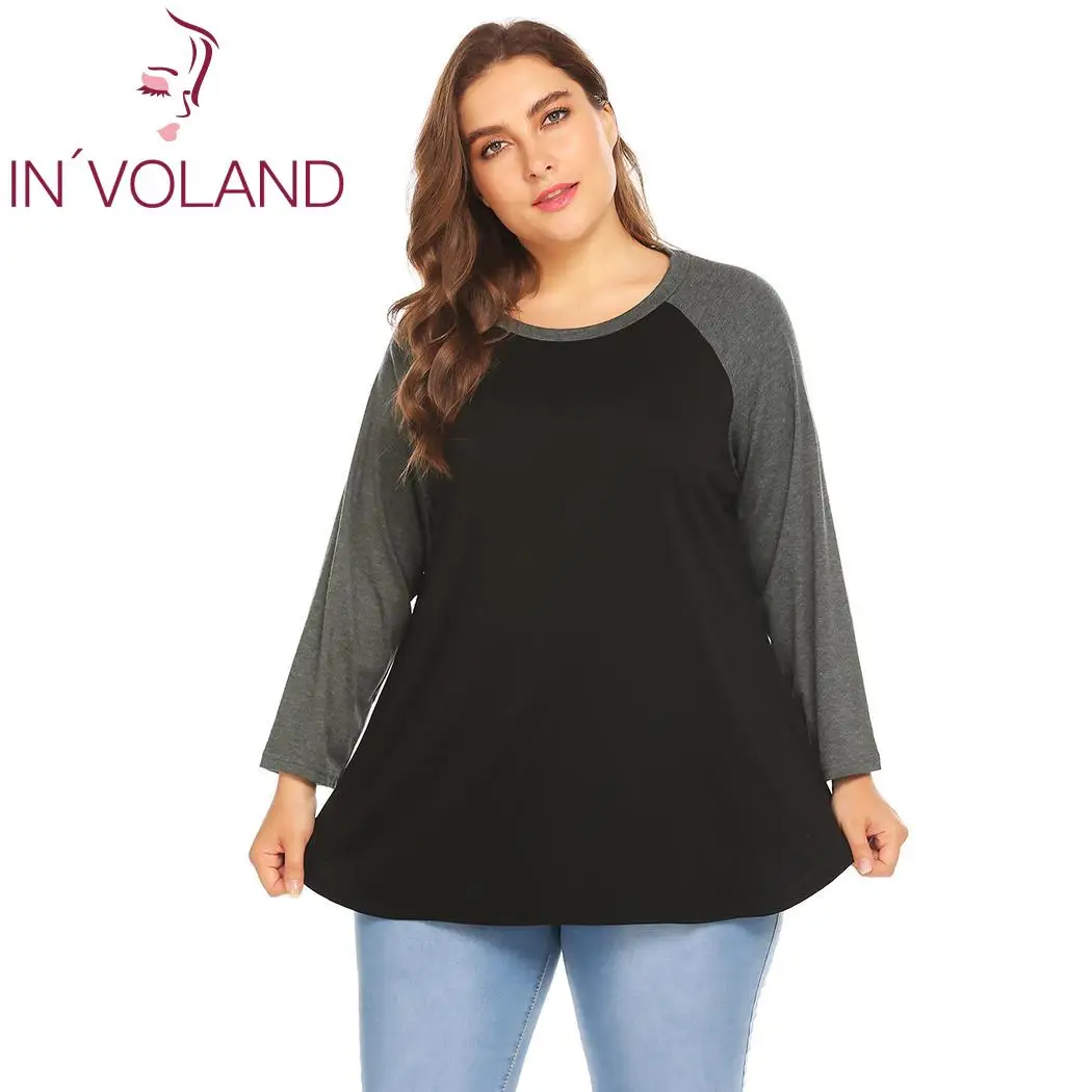 Black IN'VOLAND женские футболки размера плюс XL-5XL летне-осенние Лоскутные Повседневные бейсбольные пуловеры с круглым вырезом и рукавом 3/4 размер d - Цвет: Black