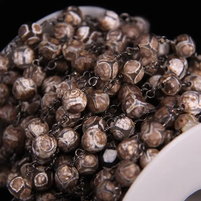 

8mm Natural Tibetan Dzi Agates Faceted Round Beads Rosary Chain,Brown Agates Link Gun black Brass Wire Wrapped RChains,5Meter