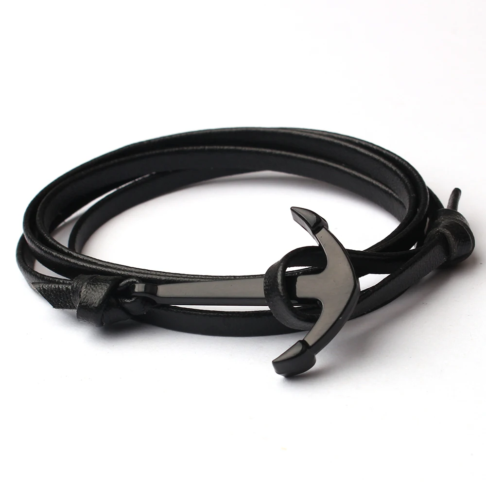 Leather Men Bracelets Custom Color New Black Anchor Hook lovers Handmade Charm Male Double Bracelet BA2black | Украшения и