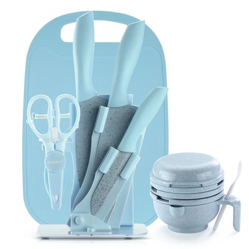 blue(with bowl) Еда Класс Bady для дополнительных режущие инструменты Кухня Ножи комплект Нержавеющая сталь Кухня Ножи с разделочных досок - Цвет: blue(with bowl)