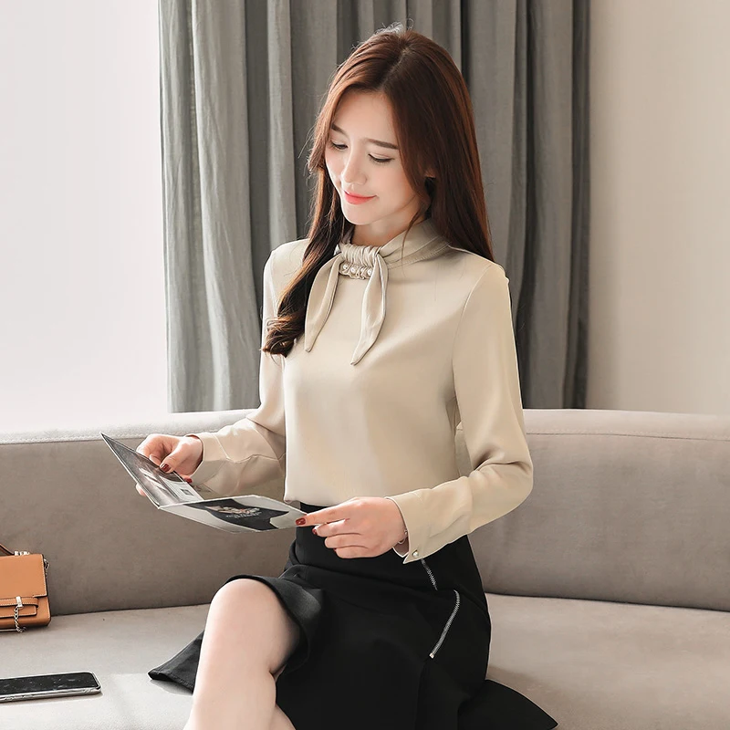 Модные женские блузки 2019 рубашки с длинными рукавами шифоновые однотонные топы и