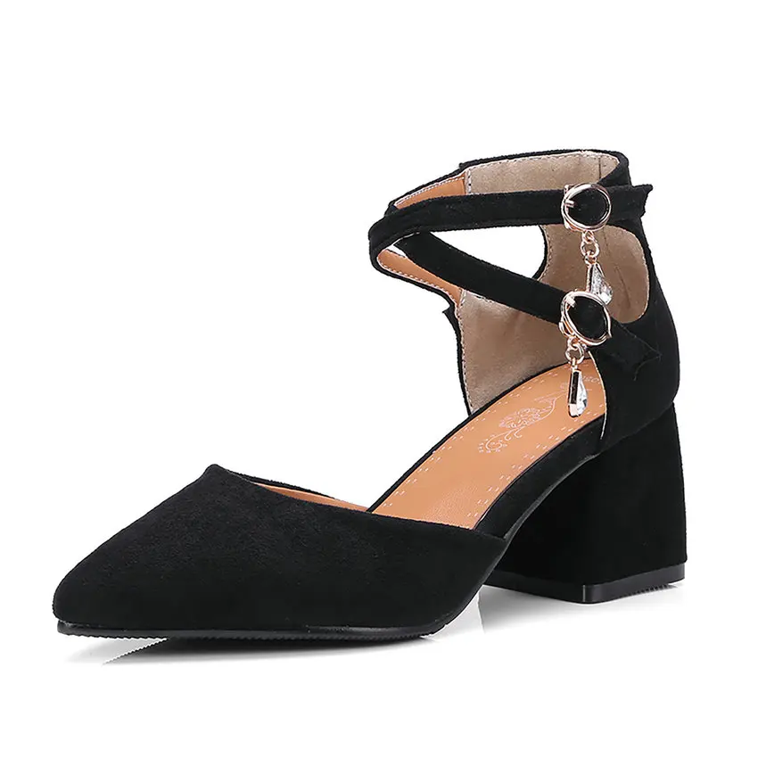 VINLLE 2020 Summer Spring Women Shoes Flock Square Med Heel Cross- Strap Pointed Toe Crystal Ladies Wedding Pumps Size 34-43 | Обувь