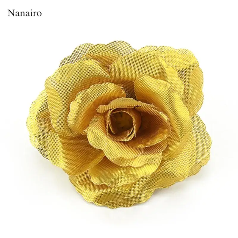 50pcs 7cm Large Silk Gold Rose Artificial Flower Head Wedding Home Party Decoration DIY Christmas Supplies Craft Fake Flowers