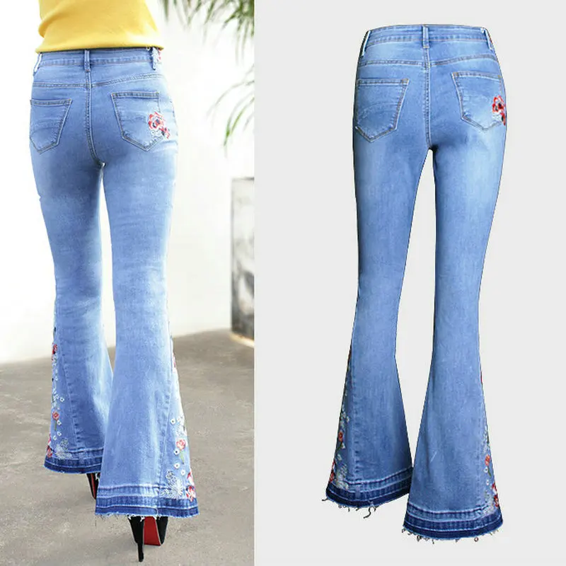 Джинсы женские винтажные с цветочной вышивкой повседневные расклешенные брюки