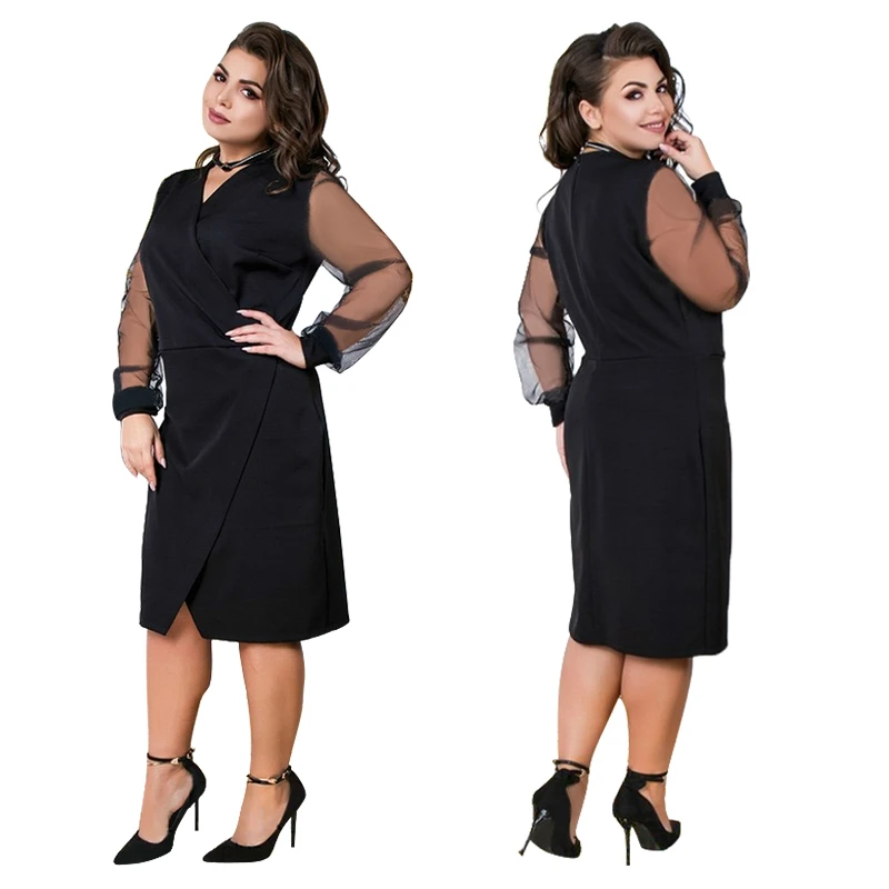 Облегающее Бандажное зимнее платье элегантное офисное Сетчатое черное миди с