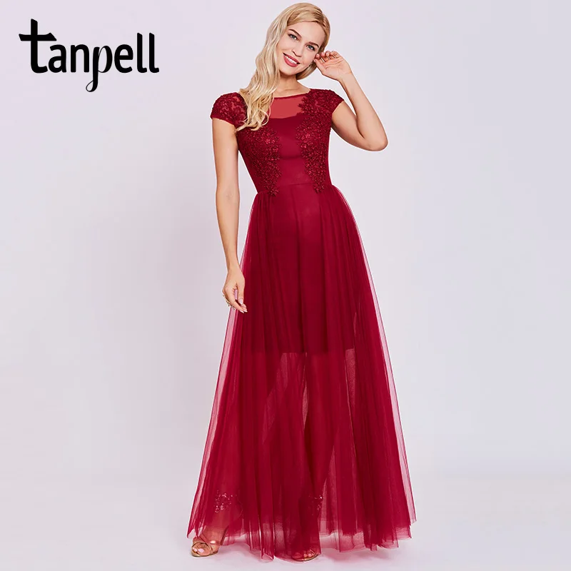 

Tanpell appliques long evening dress burgundy short sleeves floor length a line gown cheap women scoop prom formal evening dress