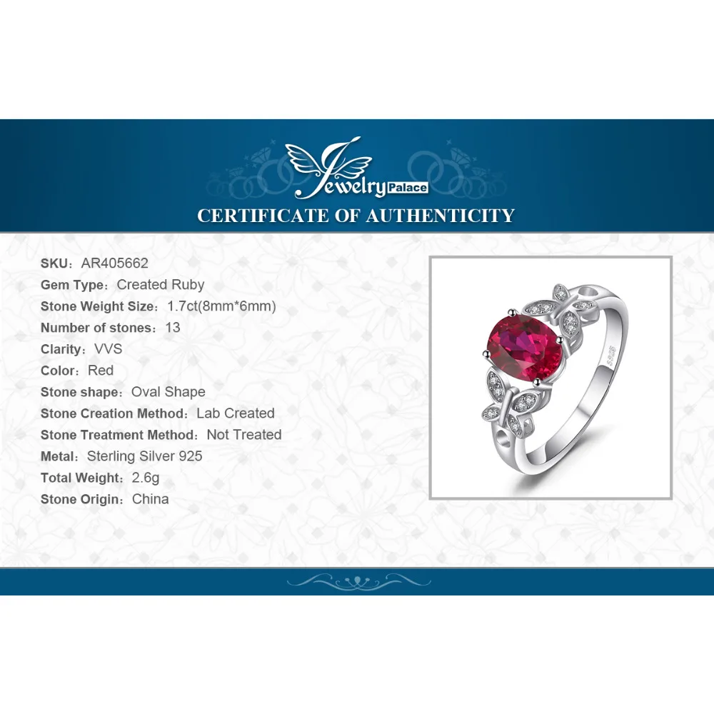 Jewelrypalace бабочка 1.8ct Овальный создания Рубин заявление кольцо 100% 925 стерлингового