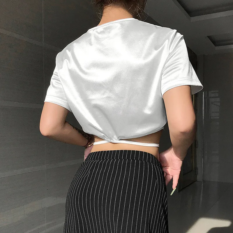 Женская белая однотонная Повседневная футболка короткая с круглым вырезом