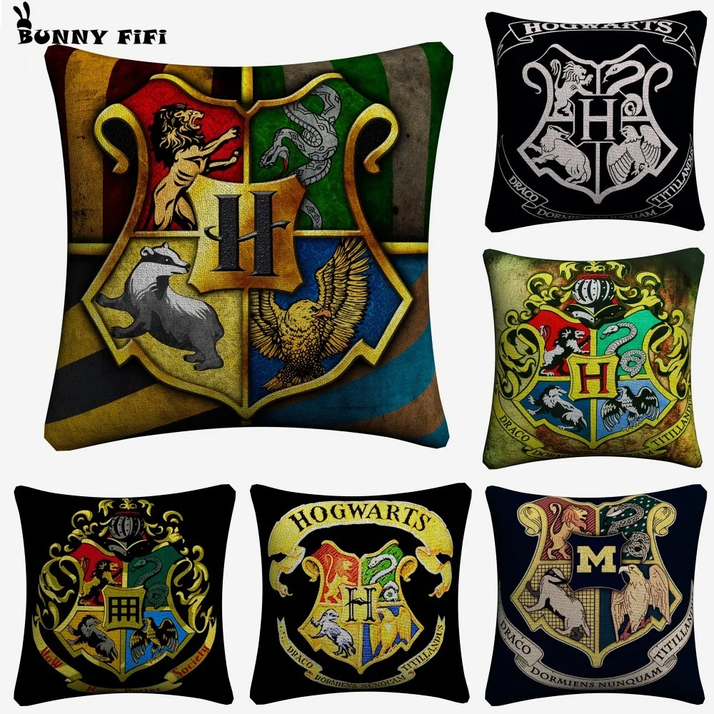 Школьная наволочка из хлопка и льна с классическим логотипом Hogwarts 45x45 см для
