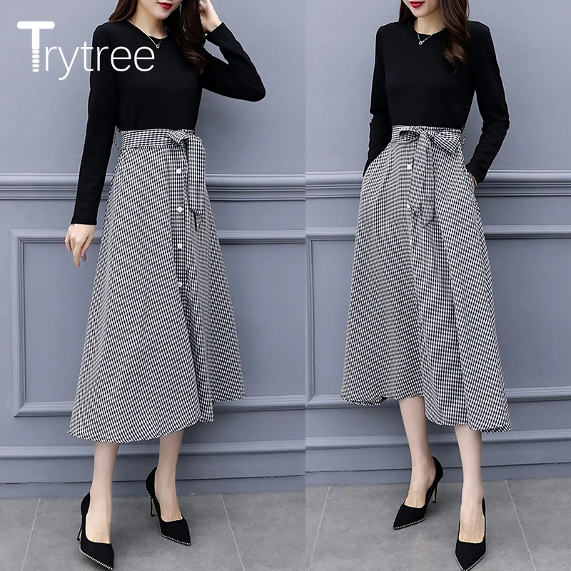 Trytree весна лето платье женское повседневное полиэстер хлопок черный плед А