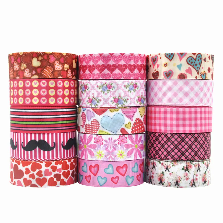 

Valentine's 10Y 25mm Grid Heart Love flower Grosgrain Ribbon for Wedding Home Decor DIY Party Gift Wrapping Handmade Accessories