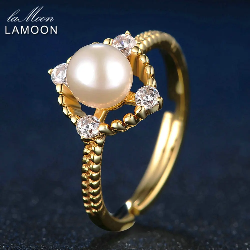 

LAMOON Fashion Jewelry Adjustable 6.5mm Natural Freshwater Pearl Rings For Women 925 Sterling Silver Fine Jewelry Ring RI028