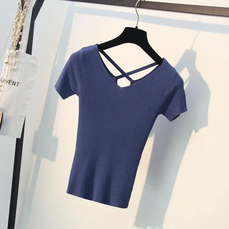 Женские летние вязаные топы с v-образным вырезом и коротким рукавом Свитера