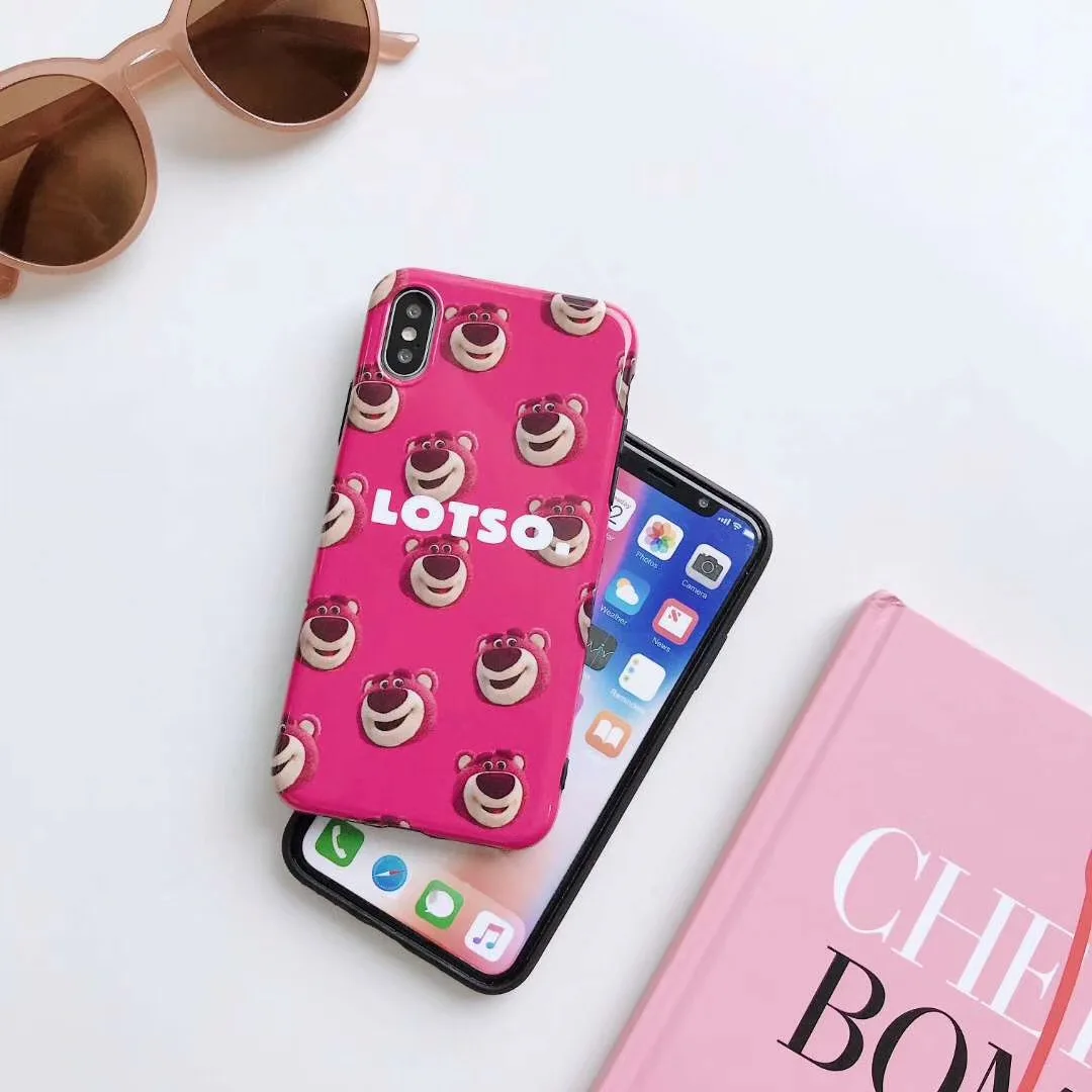 Lotso Toy Story Cute Cartoon Strawberry bear case for Apple iphone X XS Max Xr 8 7 6 6s Plus Glossy silicone doll Cover |