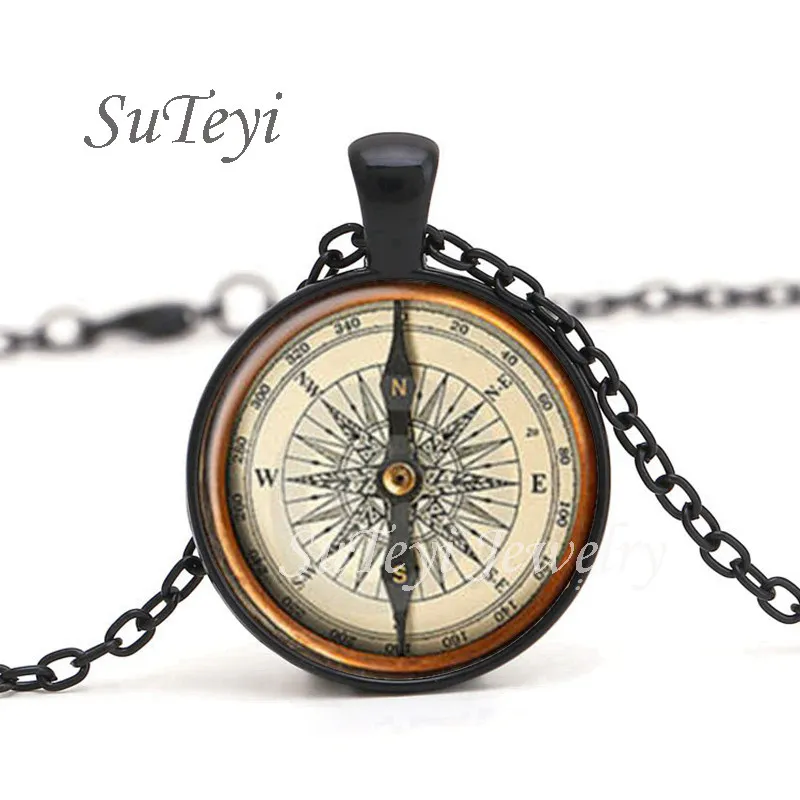 black1 SUTEYI Горячая круглая бижутерия со стеклянными кабошонами стимпанк ожерелье подвеска с компасом винтажные ожерелья для мужчин и женщин - Окраска металла: black1