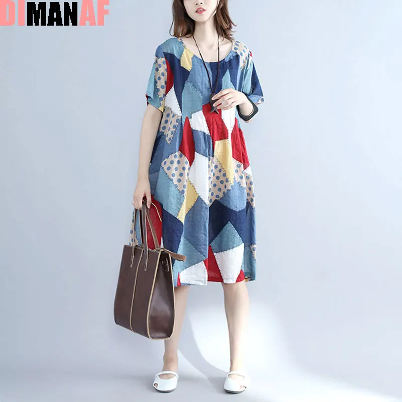 DIMANAF летнее платье больших размеров женские льняные клетчатые принты Женские